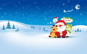 Нарисованный Санта Клаус, олень и снеговики